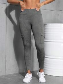 Women's Outdoor Sports Pocket Tight Pants, Grey Full Season Workout Pocket Sports Leggings, High Waist Sports Pants, Hip Butt Lifter Workout Leggings, Yoga Pants With Elastic Waistband - Dark Grey - View 5