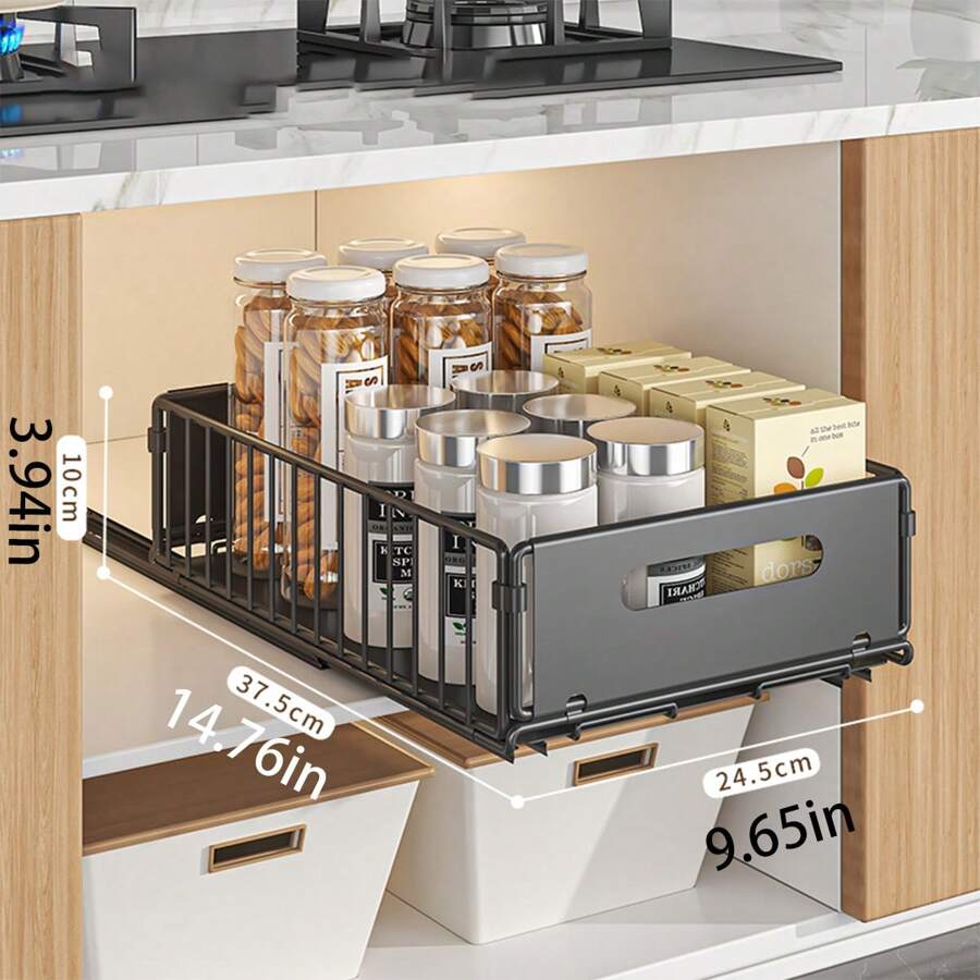 1pc Black Pullout Drawer, Suitable For Kitchen Cabinet, 2pcs Roll-Out Storage Organizer With Adhesive, Slide-Out Shelf For Pantry, Space-Saving Home Kitchen Storage Rack