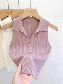 1 pieza Polo de punto sin mangas con cuello falso de ajuste corto para mujer con botones dorados, negro, blanco, albaricoque, rosa, morado