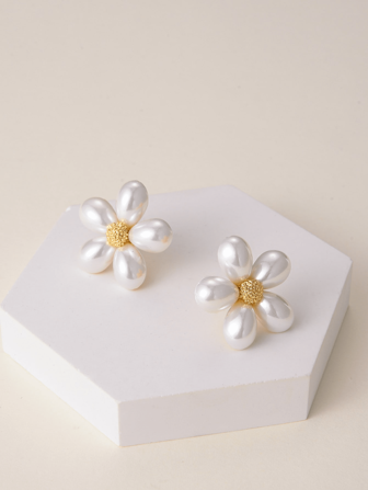 1 对时尚优雅花朵设计简约百搭耳环，精致小花朵耳环配珍珠，适合女士，优质花朵耳钉