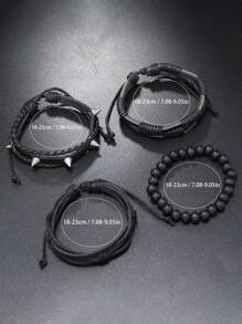 4Pcs/Set Volcanic Stone Wood Beads Multi-Layer Men's Bracelet Combination Set Elastic Bracelet