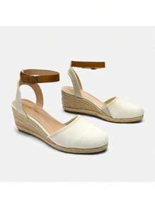 Women's Canvas Closed Toe Ankle Strap Wedge Sandals Vacation Commuting Summer Shoes - White - View 4