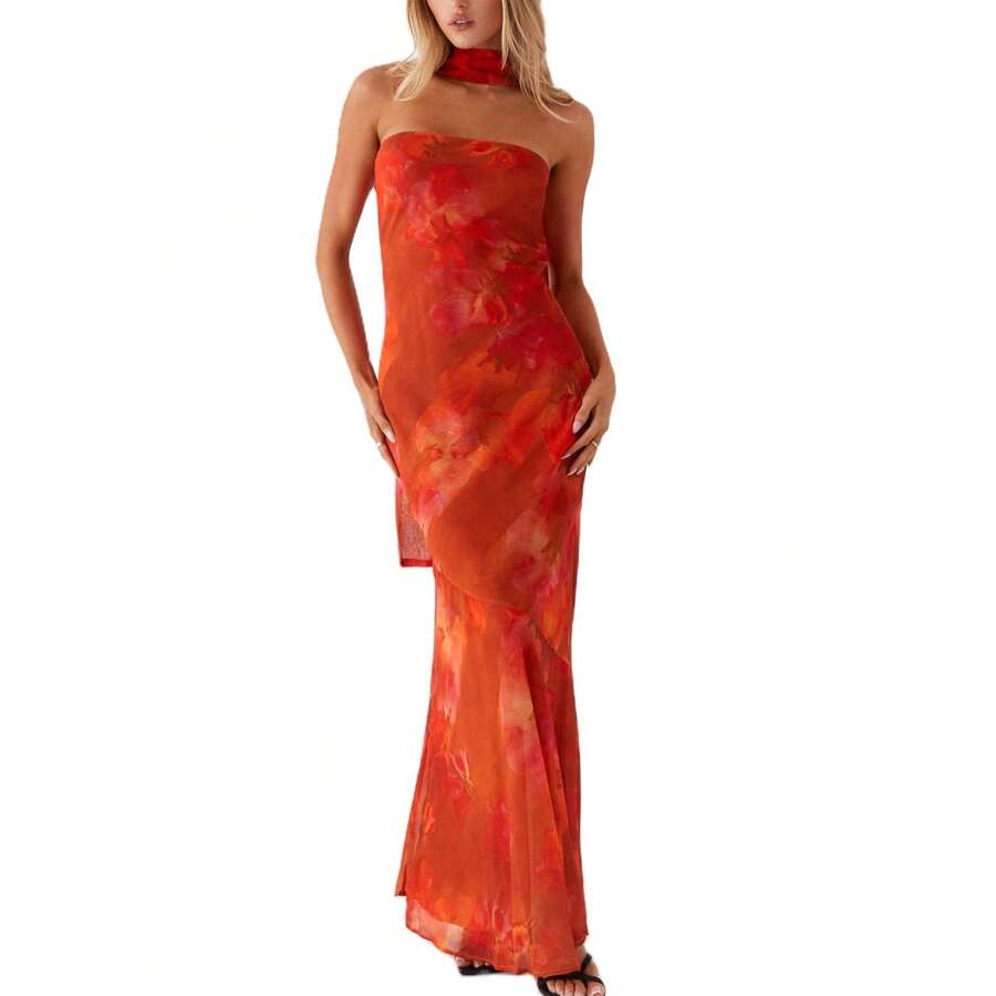 Womens Floral Strapless Dress Y2k Backless Sleeveless Tube Maxi Long Dresses Sexy Mesh Bodycon Summer Beachwear - Coral - 查看 1