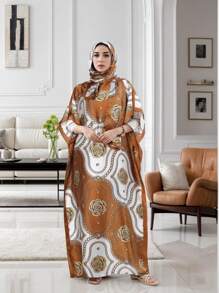 1pc Women Floral Printed Faux Silk Long Scarf With Hijab, Loose Plus Size Shawl For Homewear, Suitable For Summer & Autumn, Indoors And Air-Conditioned Rooms, Abaya Hijab, Modest Kaftan