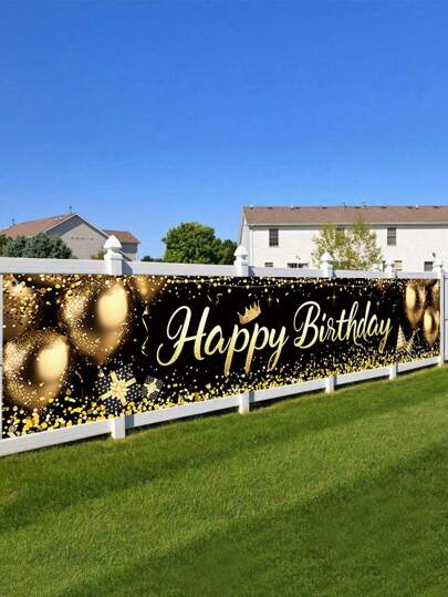 1pc 40*200cm Black & Gold Balloon Pattern Design Birthday Polyester Banner With "Happy Birthday" Text, Perfect Decoration For Birthday Party, Celebration Event, Coming Of Age Ceremony, Family Holiday Party, Wall Decor, Outdoor Fence Decor, Birthday Hanging Decor, Birthday Gift Party Favor