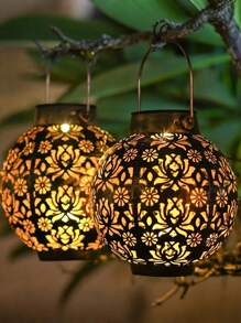 1Pc Solar-Powered Metal Lantern - Vintage Chinese Style Hollow Design,Black And Bronze, Perfect For Garden, Patio, Balcony & Lawn Decor, Outdoor Garden Lighting For Pathway, Yard, Patio