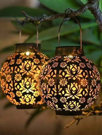 1Pc Solar-Powered Metal Lantern - Vintage Chinese Style Hollow Design,Black And Bronze, Perfect For Garden, Patio, Balcony & Lawn Decor, Outdoor Garden Lighting For Pathway, Yard, Patio