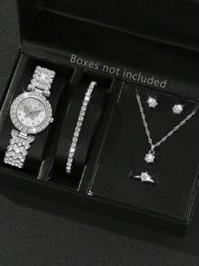 6 件银色合金表带女士手表套装奢华时尚蝴蝶元素圆形表盘石英表手链项链耳环套装适合日常服装搭配或节日礼物 - 銀色 - 查看 2
