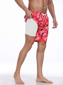 Men's Quick Dry Beach Shorts, Casual Holiday Printed Loose Double Layer Swim Trunks, Silky Lining, Summer - Red - View 1