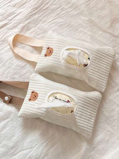 Minimalist Solid Color Car Tissue Box, Waterproof Tissue Paper Holder, Baby Stroller Tissue Hanging Bag, Embroidered Design