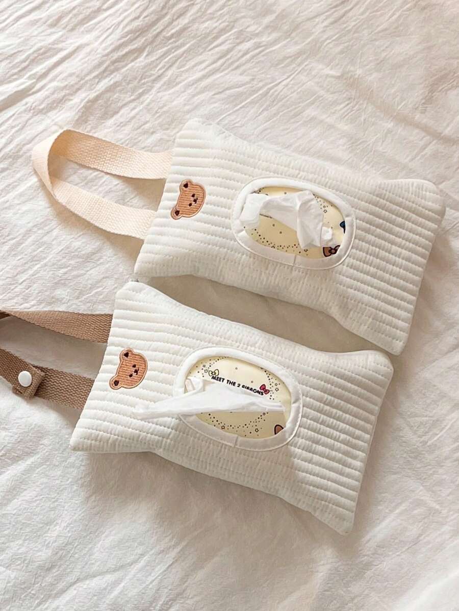 Minimalist Solid Color Car Tissue Box, Waterproof Tissue Paper Holder, Baby Stroller Tissue Hanging Bag, Embroidered Design