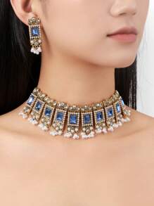 European And American Retro Exaggerated Bohemian Rhinestone Faux Pearl Beaded Square Gem Choker Necklace & Tassel Earrings 3-Piece Set