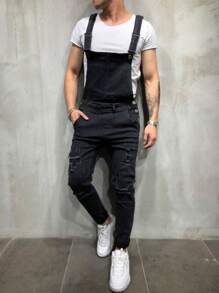 Men's Distressed Skinny Fit Bib & Brace Denim Overalls, Fashion Casual Jeans Dungarees