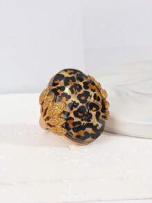 1pc Vintage Alloy Abalone Shell, Leopard, Oval Leaf Design Exaggerated Personalized Metal Ring For Women, Everyday Wear