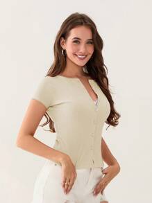 Women Summer Knitted Crop Tops Solid Color Cap Sleeve Lace Trim Round-Neck Button Front T-Shirt - Apricot - View 2