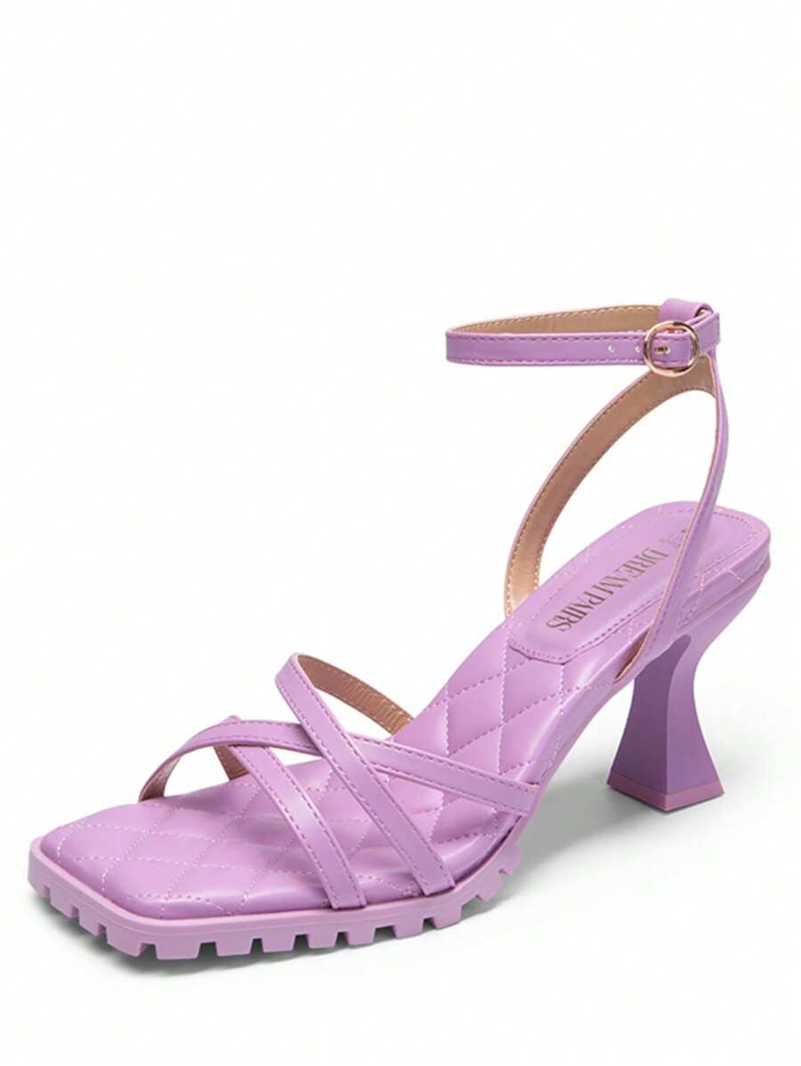 Women Fashion Low Kitten Heels Open Square Toe Ankle Strap Heeled   Sandals For Summer Daily Wearing Prom Party Wedding - 淡紫色 - 查看 1