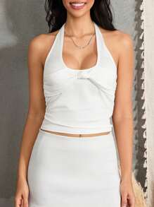 Womens Stylish Halter Neck Camisole Tops Summer Sleeveless Solid Hue Knot-Front Elegant Blouses Dressy Shirt Tops - 白色 - 查看 9