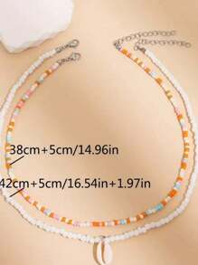 2pcs Bohemian Colorful Beads & Seashell Pendant Necklaces, Beaded Choker For Summer Beach - White - View 2