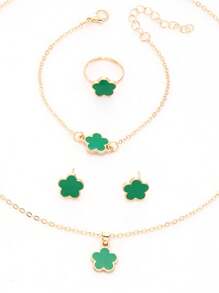 Set de 5 piezas de joyería: Collar colgante de gota de aceite de cinco hojas de la suerte, pulsera, aretes, anillo, set de joyas de moda, apto para cualquier ocasión, regalo para novia, madre en el Día de San Valentín o Día de la Madre