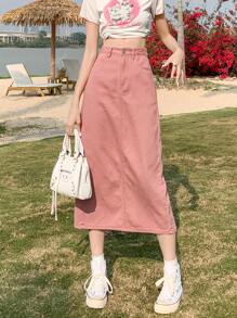 Women's Adjustable Waist Casual Vintage Washed Slit Midi Denim Skirt, Loose & Flattering