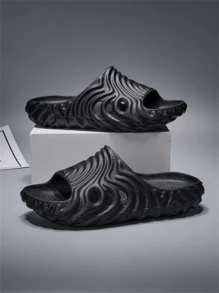 Unisex Fingerprint Lightweight, Elastic, Breathable Slide Sandals - Black - View 4