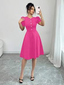 Women's Casual Solid Color Button Lantern Sleeve Short Dress Elegant Summer - Hot Pink - View 4