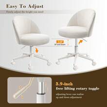 Vanity Chair With Wheels Velvet Swivel Desk Chair Adjustable Height Armless Small Office Chair With Lumbar Support Silla De Vanity For Makeup Room, Bedroom, White - 白色 - 查看 7