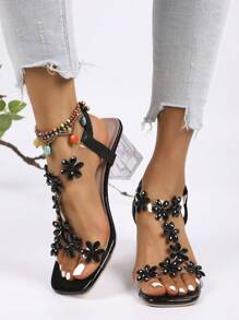 New Year's Rhinestone Sandals For Girls, Stylish Chunky Mid-Heel And Crystal Clear Heel, High Heel Dance Shoes, Suitable For Teenagers And Children, School Style, High Heel Dance Shoes