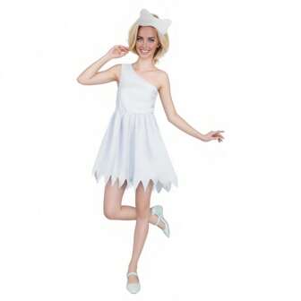 2pcs/Set Cartoon Caveman Theme White Asymmetric Shoulder Dress Minimalist Design, White Bone Hair Accessory, Party Costume, Cosplay Outfit ,Halloween Costume