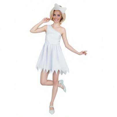 2 件套卡通穴居人主题白色不对称肩部连衣裙简约设计，白色骨头发饰，派对服装，角色扮演服装，万圣节服装