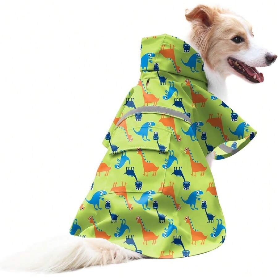 Large Dog Raincoat Adjustable - Pet Dinosaurs Water Proof Clothes Lightweight Rain Jacket Poncho Hoodies With Strip Reflective Green (L, Green Dinosaur)