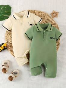 2pcs/Set Baby Boys' Polo Collar Dinosaur Print Short Sleeve Jumpsuit Set, Summer