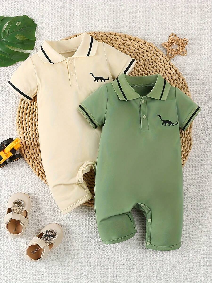 2pcs/Set Baby Boys' Polo Collar Dinosaur Print Short Sleeve Jumpsuit Set, Summer