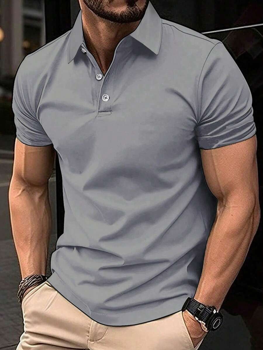 Men's Summer Colorblock Short Sleeve Casual Commuter Polo Shirt, Polo Shirt, Golf Sport Short Sleeve Suitable For Light Business Casual Daily Wear - Grey - View 1