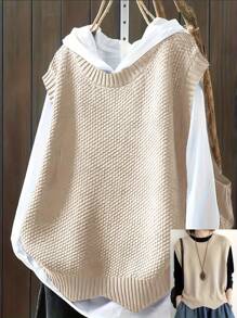 Plus Size Casual Solid Color Crew Neck Knit Sweater Vest Top - Apricot - View 1