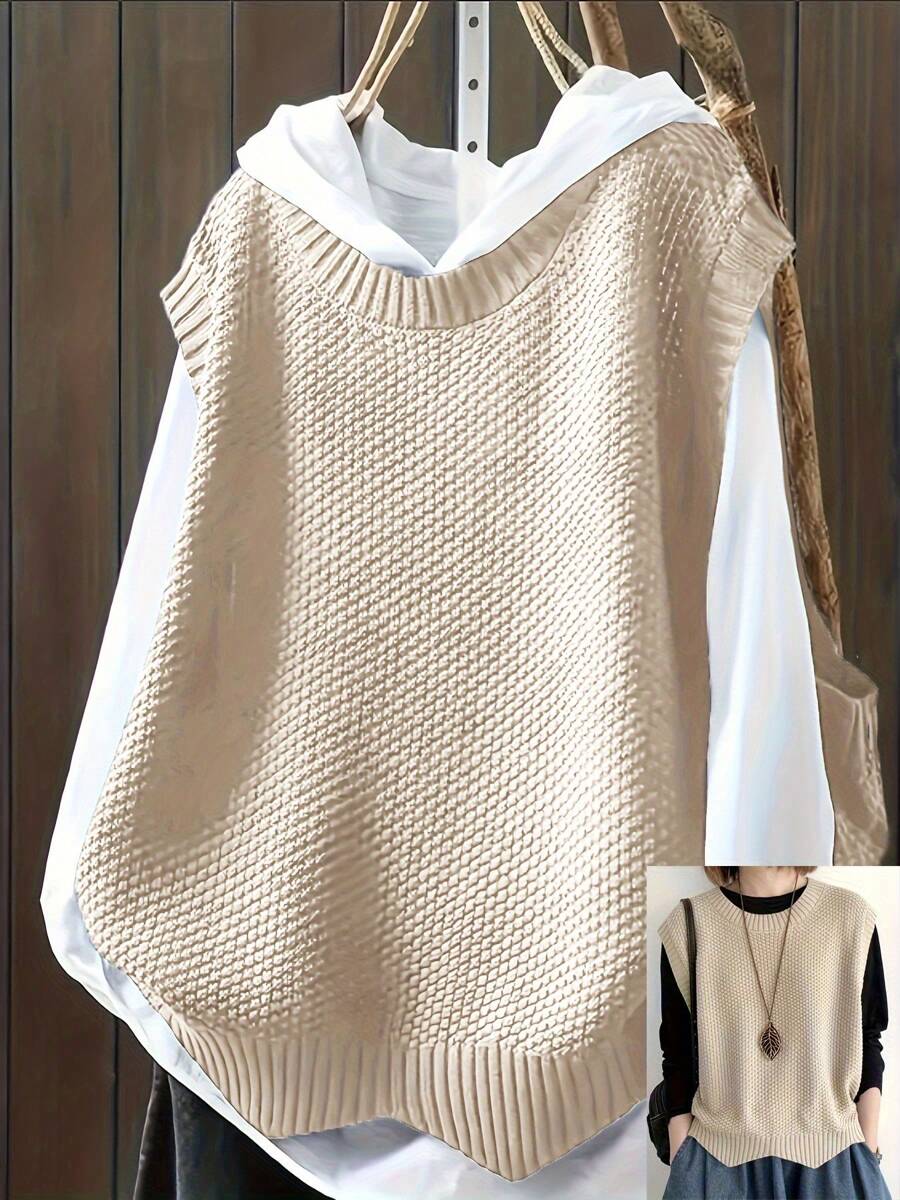 Plus Size Casual Solid Color Crew Neck Knit Sweater Vest Top - Apricot - View 1