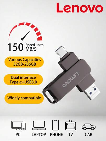 Lenovo محرك فلاش يو أس بي ٣.٢ من لينوفو سعة ٣٢جيجا/٦٤جيجا/١٢٨جيجا/٢٥٦جيجا نقل سريع، قرص معدني قابل للحمل، بطاقة ذاكرة، قرص فلاش، ميموريا، عصا مقاومة للماء