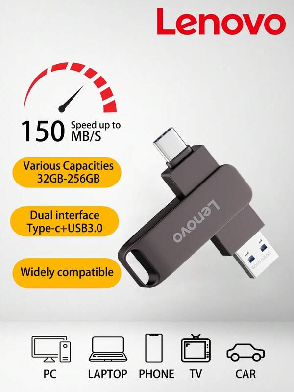 Lenovo USB 3.2 Flashlaufwerk 32GB/64GB/128GB/256GB Hochgeschwindigkeits-Transfer Metall-Anhänger Speicherkarte Pendrive Flashspeicher wasserdichter Stick