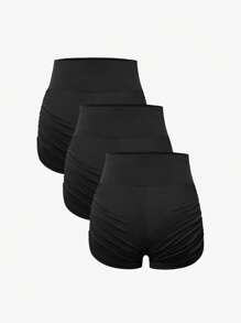 3-Piece Teen Girl Knitted Yoga Sports Shorts Set - High Waist Shorts (YY744) - Black - View 2