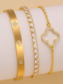 Elegante conjunto de brazalete de acero inoxidable con trébol de cuatro hojas de circonita, brillante y con estilo, adecuado para uso diario y como regalo a amigos
