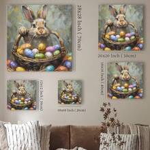 1pc Framed Wall Art, Wrapped Canvas Poster Vintage Prints, Easter Day, A Bunny Sitting In A Basket With Painted Eggs, Birthday Party Decor, Decorative Wall Art For Living Room Bedroom Office, Hanging Hardware Included - Framed