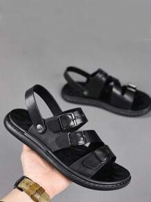 Men's Genuine Leather Sandals Slip-Resistant Waterproof Summer Driving Sports Increase Height Casual Beach Slippers - Black - View 4