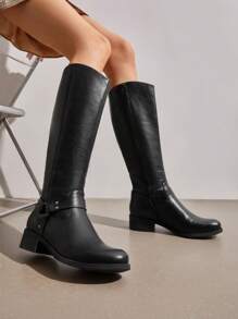 Women's Knee-High Boots, Comfortable Chunky Block Heel Pointed Toe Pull On Side Zipper Suede Slouch Riding Boots - Black - View 2