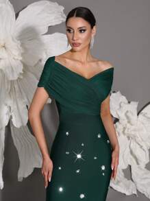 Off Shoulder Handmade Beaded Bodycon Bandage Dress, Sexy & Fitted, Suitable For Family Gatherings, Parties, Formal Events - Dark Green - View 3