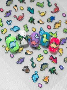 Pegatinas populares y lindas de dinosaurios de diferentes colores y variedades de dinosaurios de dibujos animados para decorar las uñas en el salón de belleza