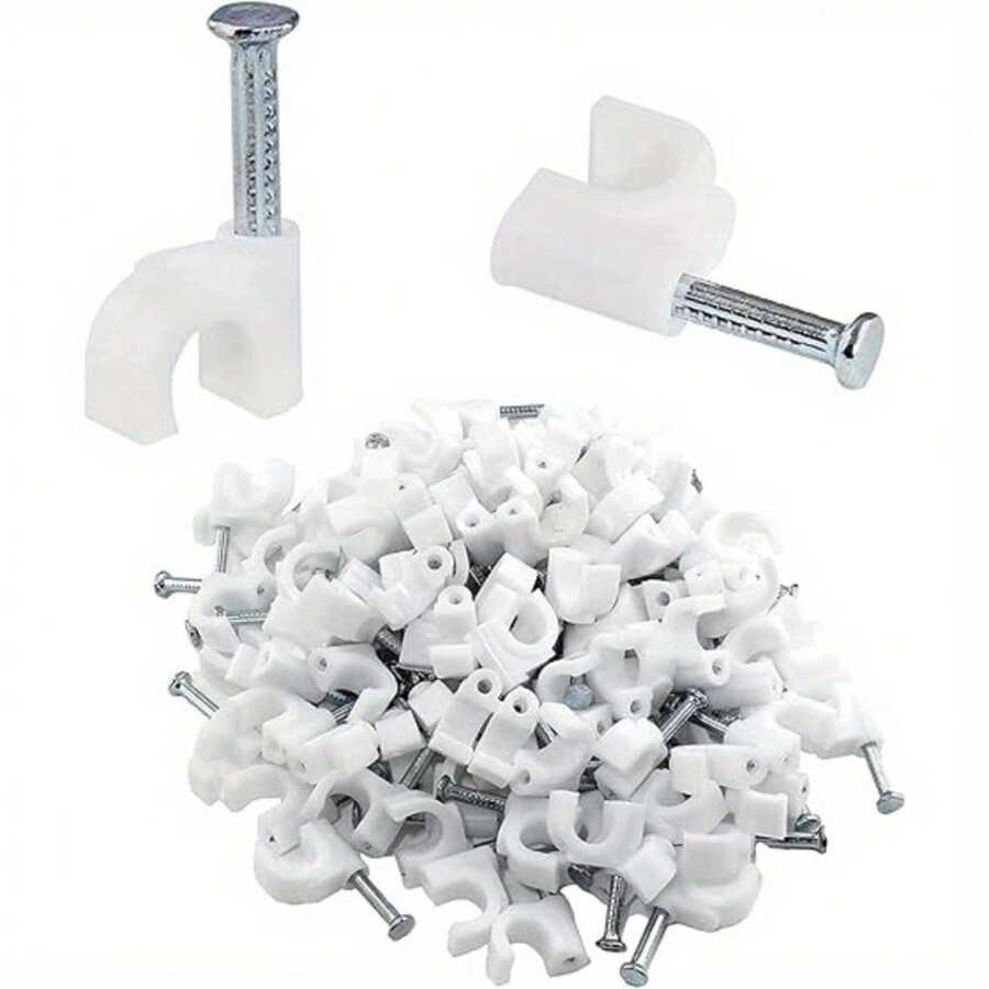 100 piezas Clips de cable de plástico blanco en forma de U con clavos, Clips de cable circulares con clavo de acero, Clips de cable con clavo, Gestión de cables (6mm, 100 piezas) - Blanco - Ver 1