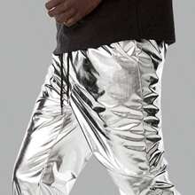 Pantaloni sportivi metallizzati e luccicanti, pantaloni lunghi elasticizzati per uomo adatti per feste