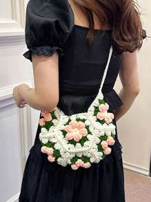 [Producto Terminado] Bolso bandolera pequeño con parches de flores esponjosas a doble cara, monedero dulce hecho a mano de ganchillo y tejido, para teléfono y monedas, accesorios