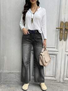 Women's Casual Drawstring Pocket Straight Leg Jeans - Grey - View 3