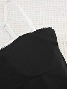 Women's Contrast Spaghetti Straps Modest Tummy Control One Piece Swimsuit For Summer Beach Outfit - Black - View 7